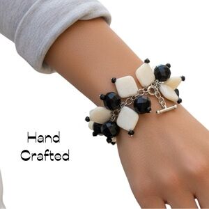 Handcrafted Black Cream Gemstone Crystal Bracelet NWT Size OS